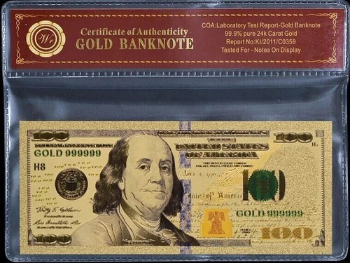 USA $100 Gold foil Banknote with bag and certificate