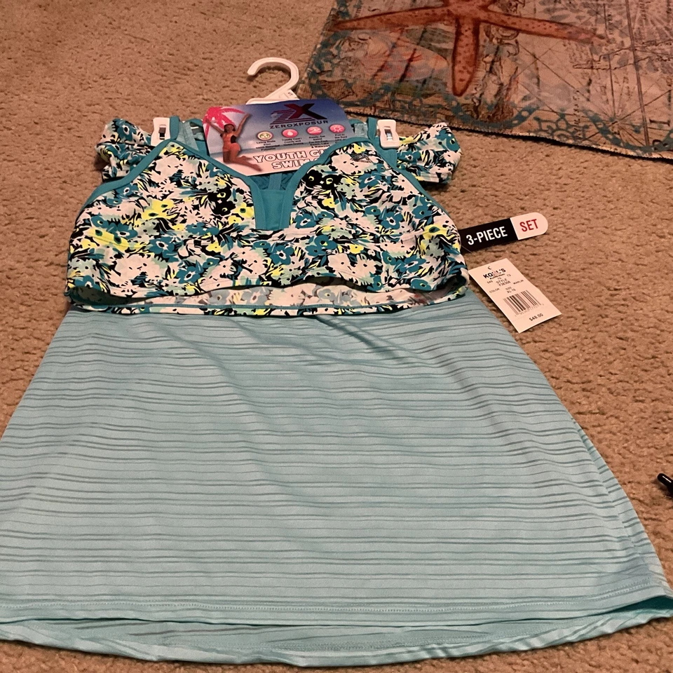 ZEROXPOSUR МОЛОДЕЖИ ДЕВОЧЕК ПЛАВАТЬ КОМПЛЕКТ 3-ШТ ПЛАВАТЬ КОМПЛЕКТ РАЗМЕР XL 16 БИРЮЗОВЫЙ И ЧЕРНЫЙ НОВЫЙ - Изображение 2 из 4