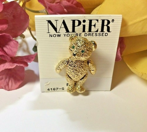 NOS Napier Articulated Bear Brooch Pin Collectible Movable Joints w/Green Eyes - Picture 2 of 5