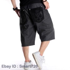 Mens Jeans Shorts Denim Pants Relaxed Hip-Hop Baggy Loose Black W30-W46