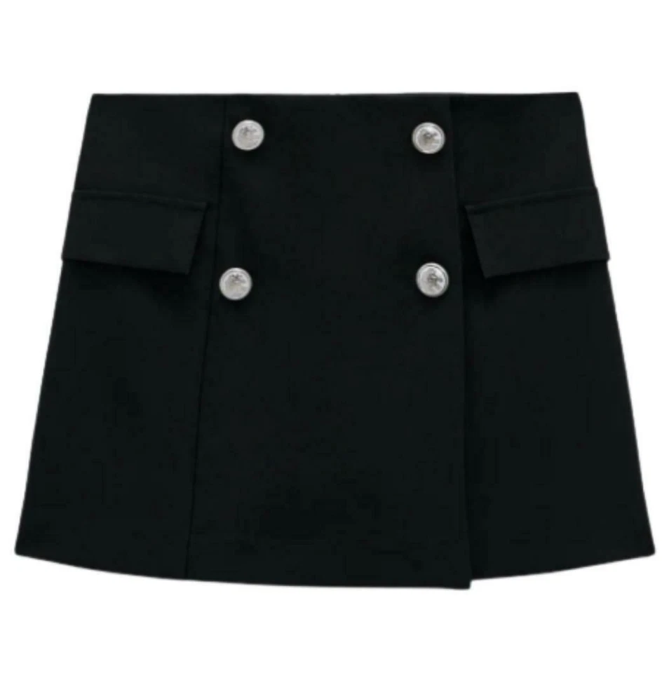 ZARA FALDA CORTA NEGRA ELEGANTE NEGRA CON BOTONES GRANDES PLATEADOS BLANCOS S Foto 4 de 4