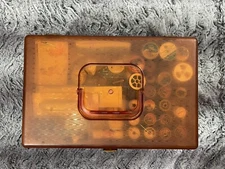 Vintage Orange Clear Sewing Two Tray Box With Spools Buttons and more
