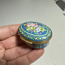 Vintage Halcyon Days Enamel On Copper Floral Trinket Box