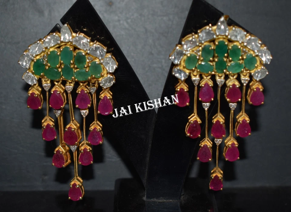 Smeraldo Rubino Gemma 925 Argento Sterling Polki Pavé di Diamanti Vintage Parure - Immagine 3 di 4