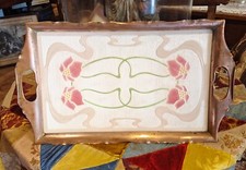 Antico Vassoio Liberty In Gres  Pasta Dura Bordo In Rame Cm39x23 Autentico