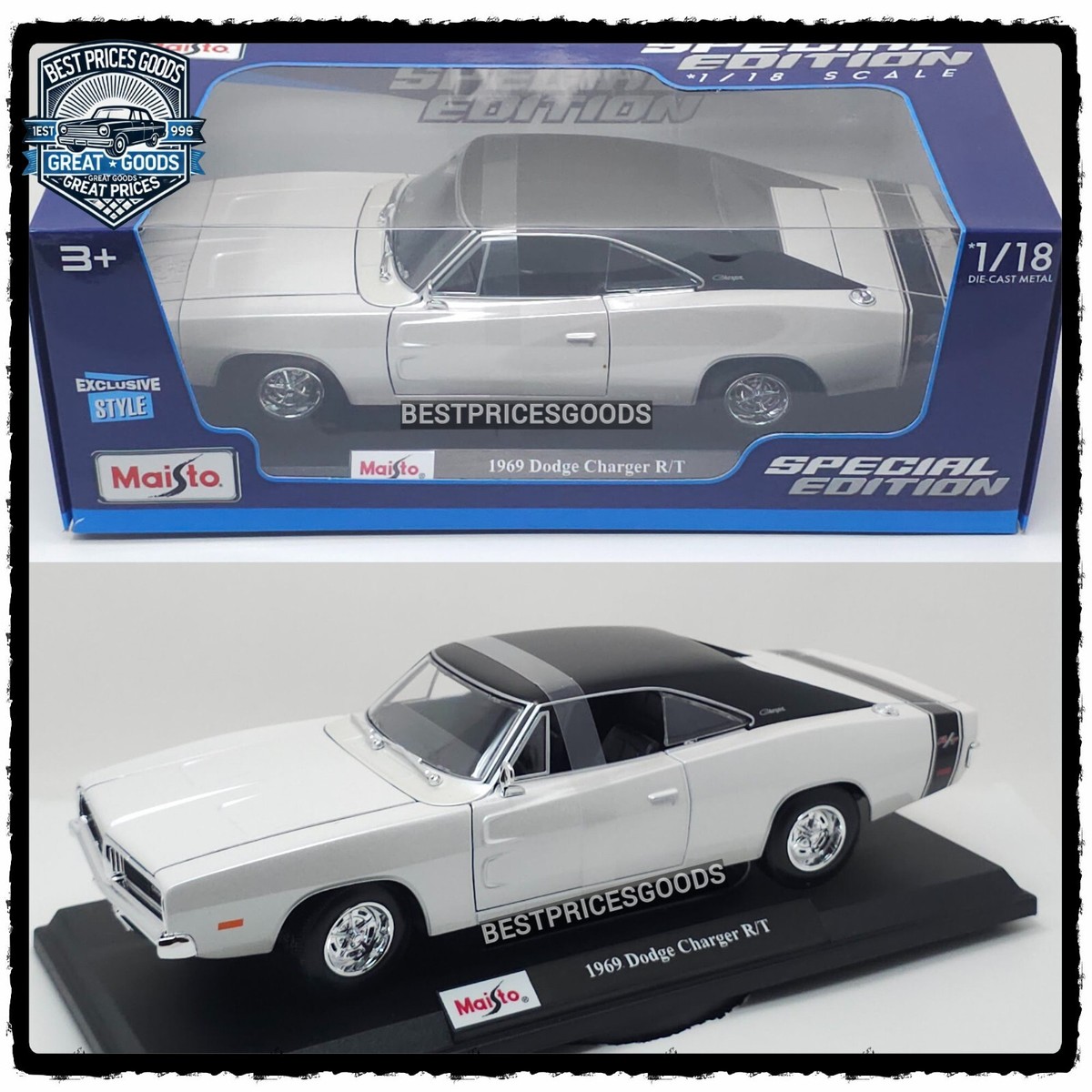 Maisto 1:18 Scale 1969 Dodge Charger R/T - White-Black Diecast