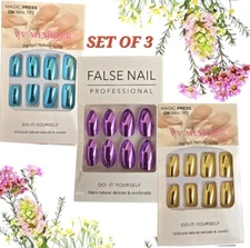 Mirror Press On Nails Medium Length Square Blue Almond Fuchsia Square Gold Set