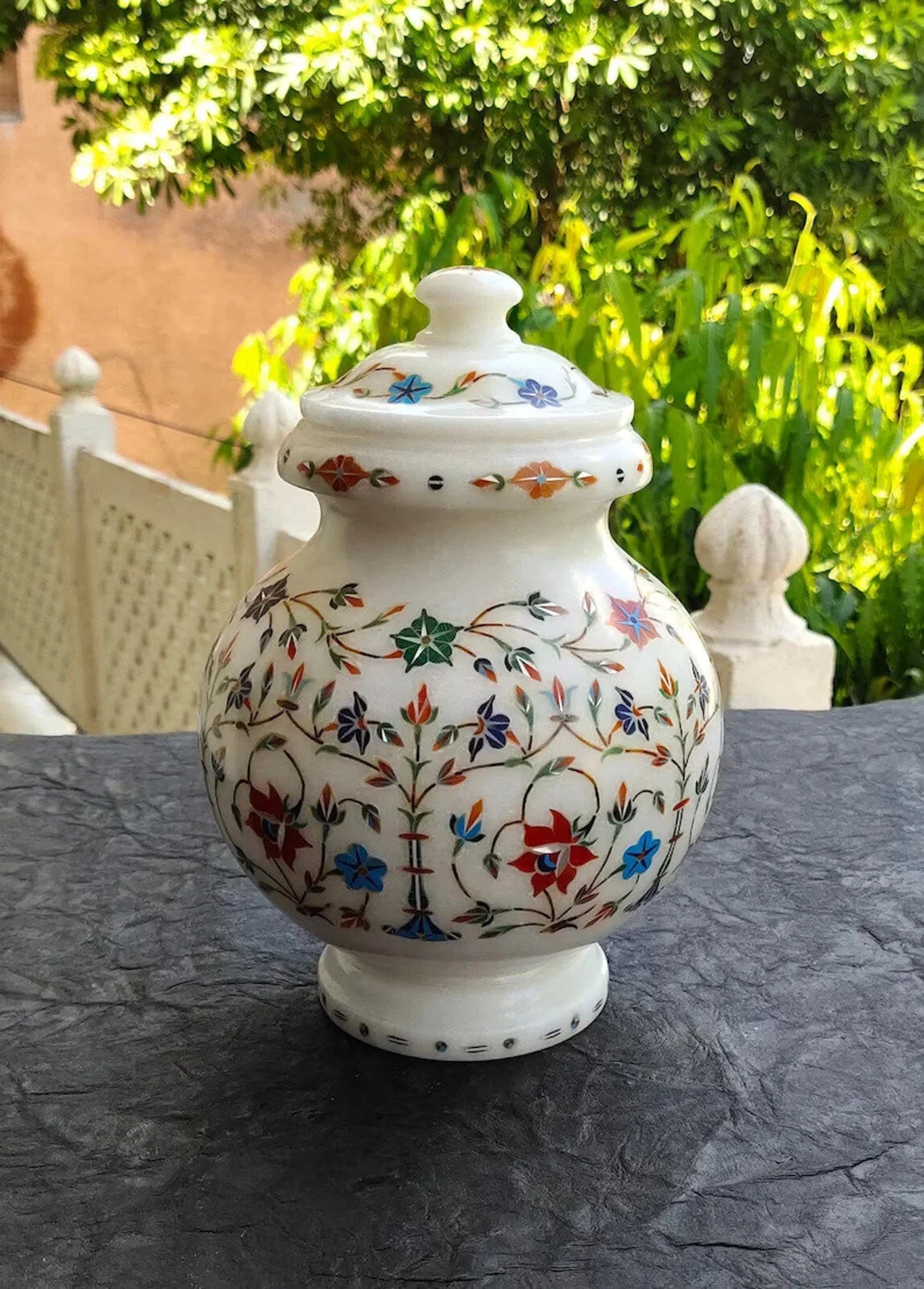 Marble Inlay Urn – Malachite & Carnelian Floral Pietra Dura Vase