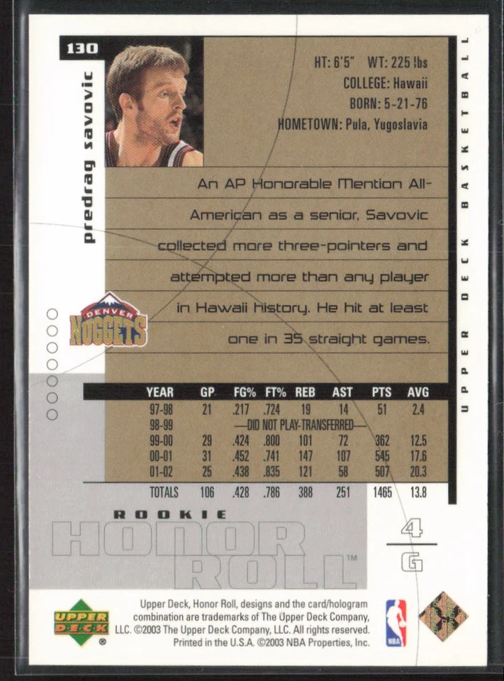 2002-03 Upper Deck Honor Roll #130 Predrag Savovic /1999 - Image 2 of 2