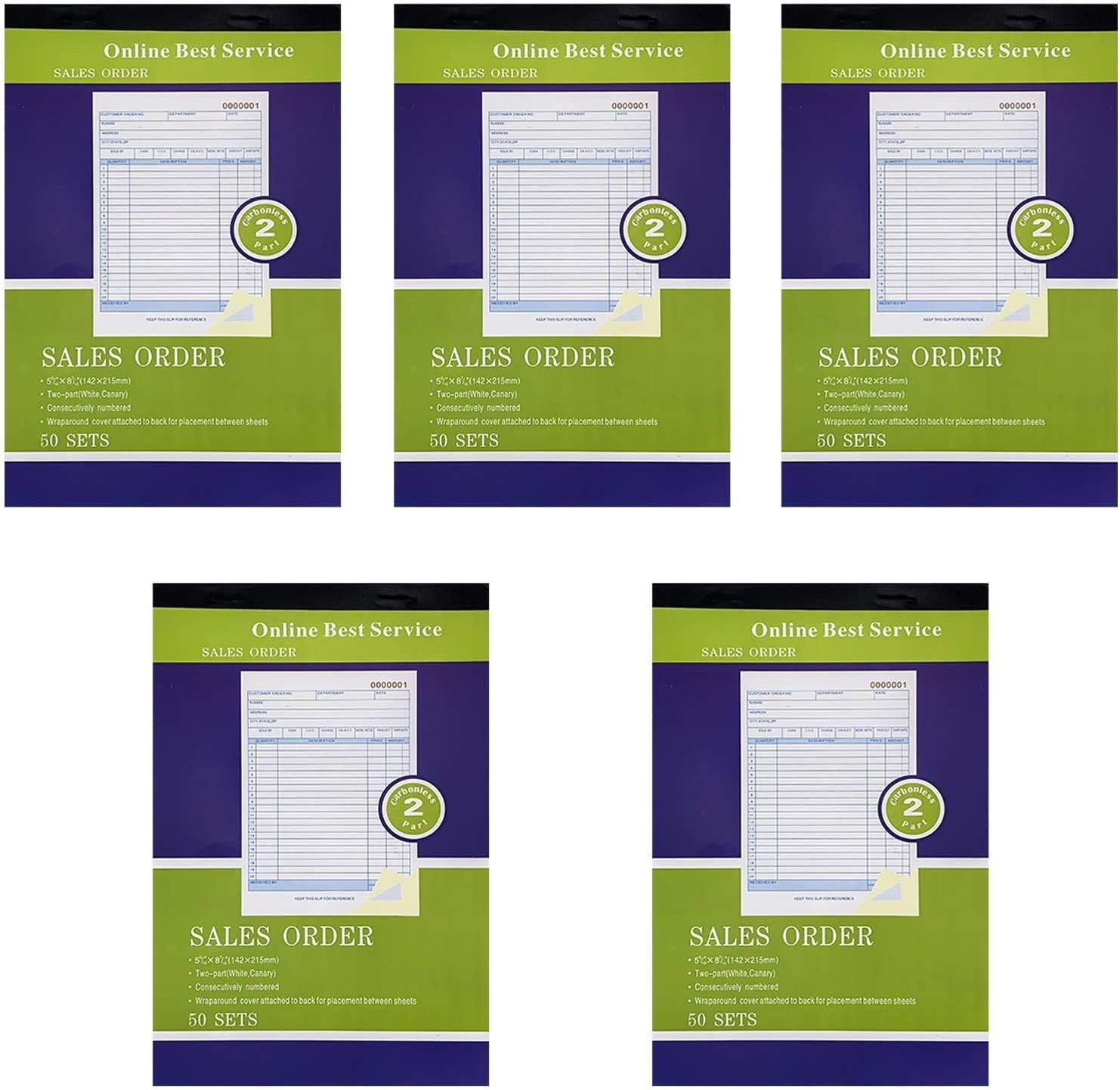 5 Pack Large Sales Order Book Receipt Invoice Duplicate Carbonless Copy 50 Sets