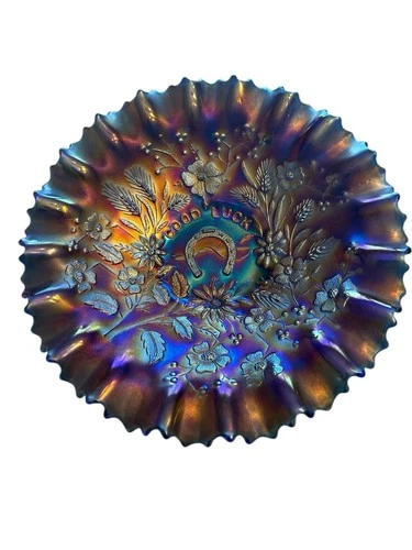 Fenton Carnival Glass Good Luck Horseshoe Bowl Iridesesnt Ruffled Vintage