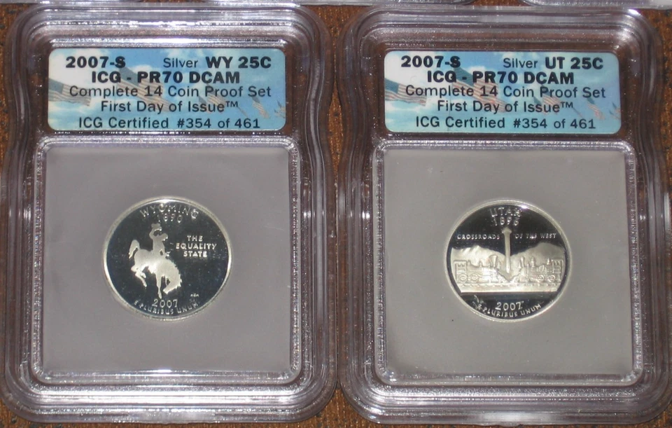 2007 S Silver Proof Quarter set ICG Grade PR70 DCAM PF First Day Issue WA WY Lot - Image 4 of 4