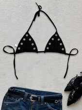 Vintage Y2K Black Halter Bikini Top Women with Metal Eyelet Design for Summer Be