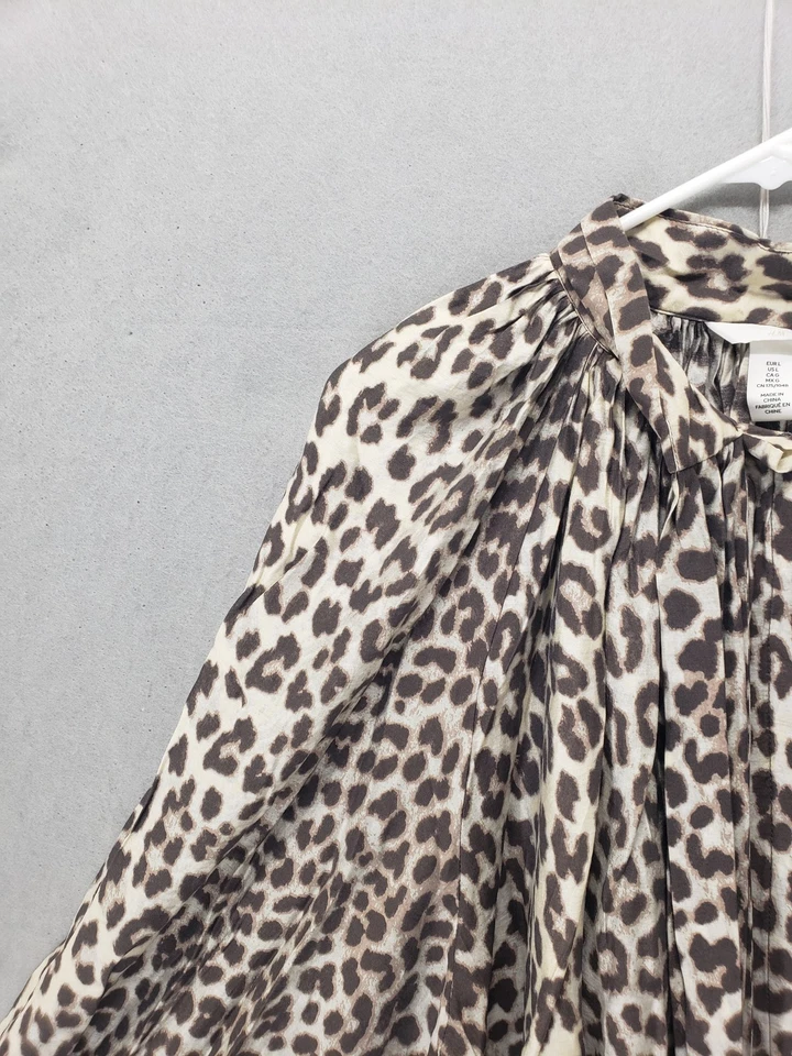 Blusa H&M Mujer Grande Marrón Estampado Leopardo Manga Larga Boho Hippie Plisada Top Foto 2 de 4