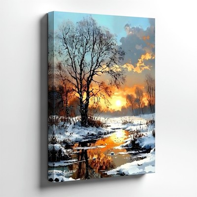 Wall Art Winter Sunset Landscape Snowy Stream Tree Nature Painting Print Decor