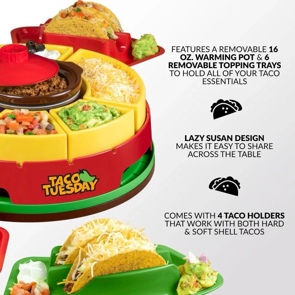 Taco Tuesday Lazy Susan Taco Bar 20oz Heating Pot Taco Holders Topping Trays NEW - Image 2 of 3
