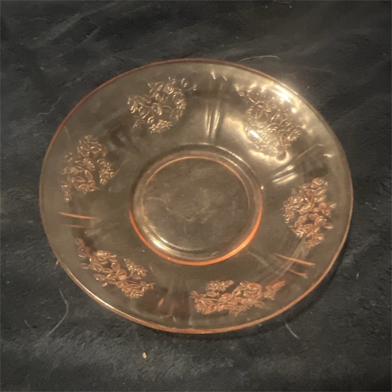 Unmarked Pink Depression Glass Floral Embossed Saucer 6.5 in Round