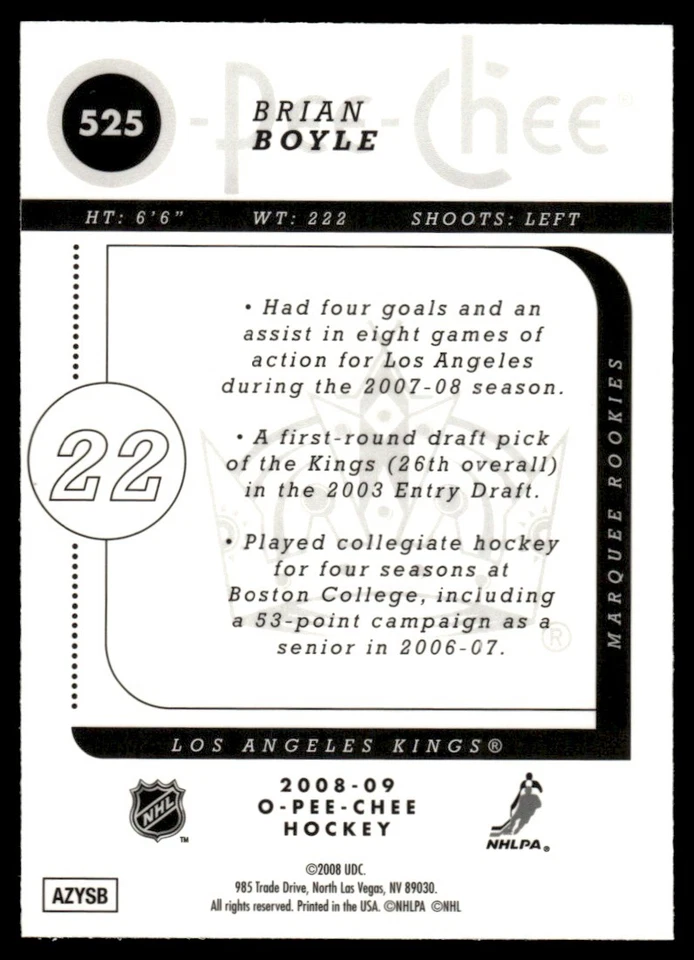 2008-09 O-Pee-Chee Metal Brian Boyle Rookie Los Angeles Kings #525 - Image 2 of 2