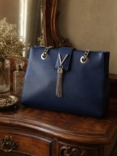 Valentino By Mario Valentino Borsa in Pelle, Borsa a Mano con Catena in Pelle Blu Nappa