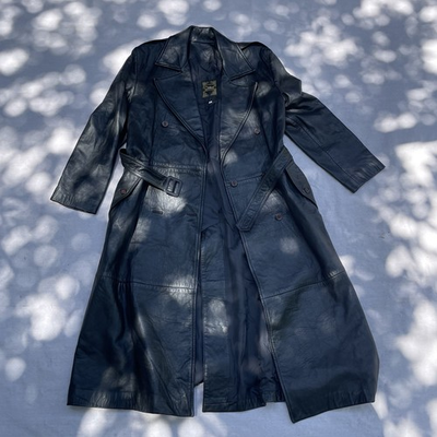 #ad Vintage Womens Citation Leather Trench Jacket Double Breasted Black Medium Belt $85.00