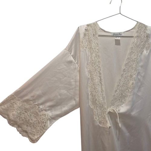 Vintage Christian Dior Long Ivory White Satin Fairy Pockets Robe Medium Wrap - Picture 3 of 8
