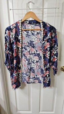 12PM by Mon Ami Blue Floral Kimono Cardigan with Rose Trim