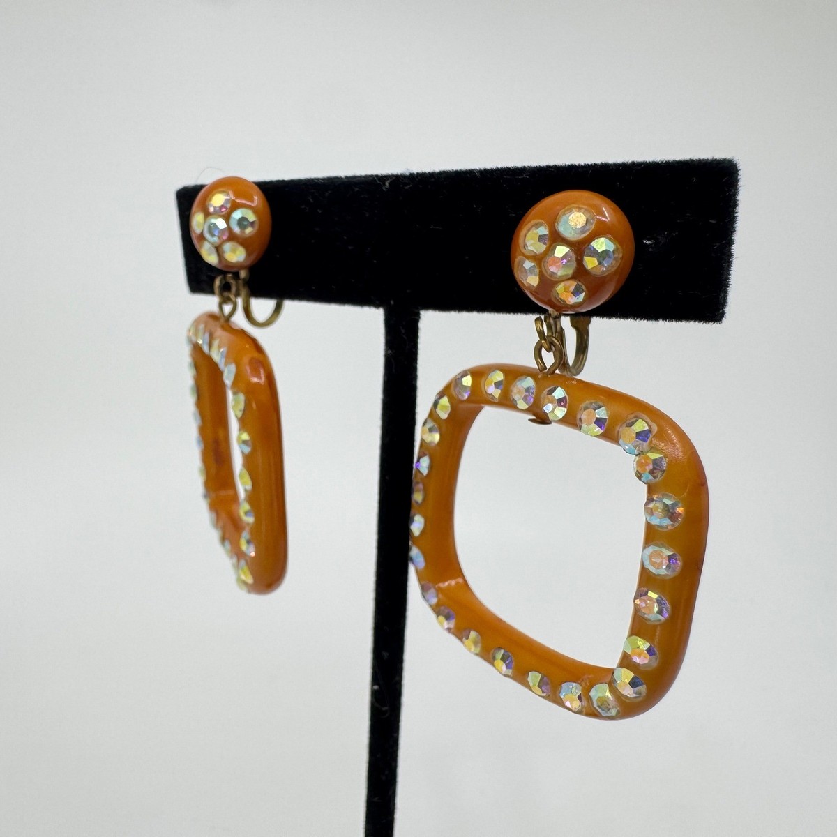 Vintage Bakelite AB Rhinestone Butterscotch Square Drop Screw Back Earrings View 3