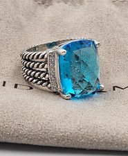 David Yurman Sterling Silver Wheaton Ring 16x12mm Blue Topaz and Diamonds Size 7