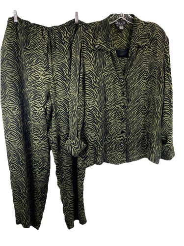 Vintage Ann May 100 % Seide Zebra grün & schwarz Tiermotiv Hosenanzug 3-teiliges Set gefüttert - Bild 1 von 13