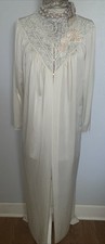 Shadowline Gown LONG Robe Womans M Nylon 3 Button Lace Dainty Embroidered Neck