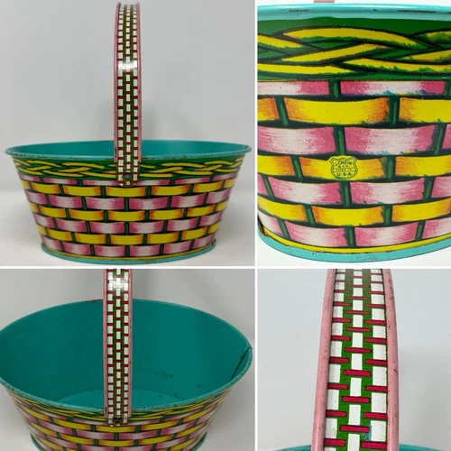 VTG 50s J Chein TIN LITHO Toy EASTER BASKET /HANDLE Teal Green Pink Yellow WEAVE