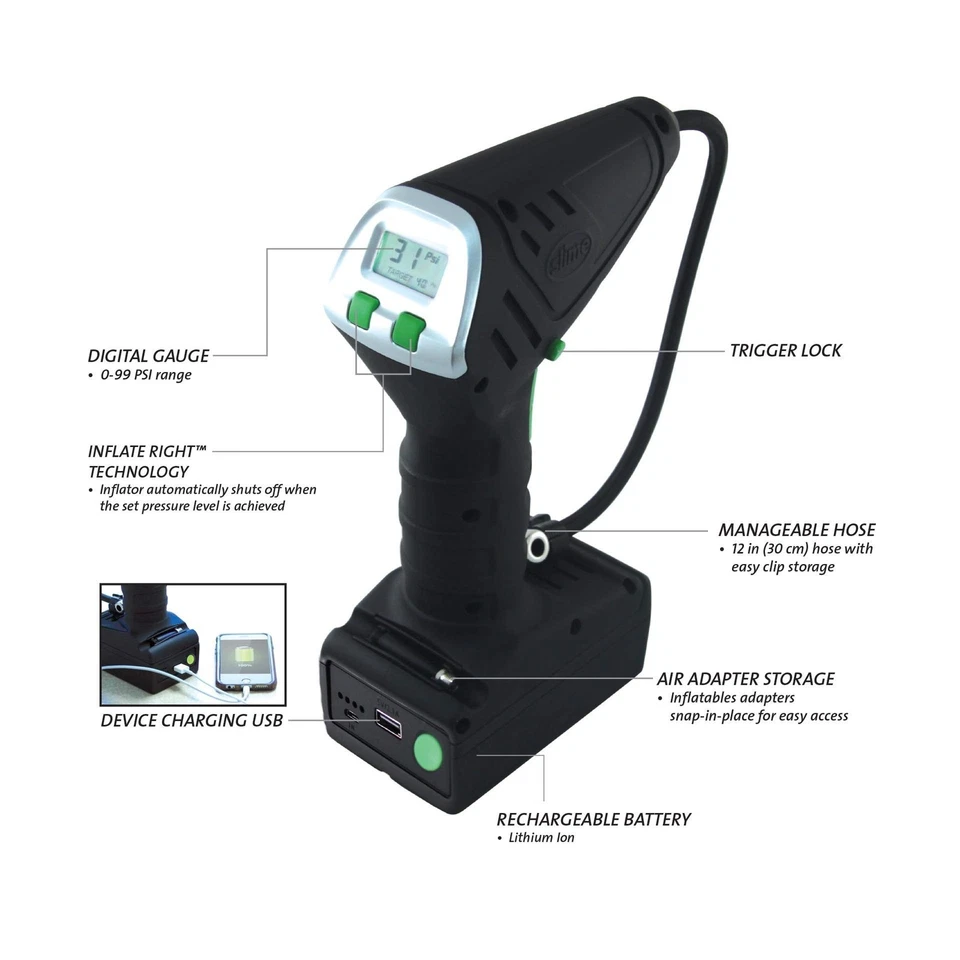 Slime 40057 Inflador de Neumáticos Inalámbrico Portátil Compresor de Aire Bomba con... Envío Rápido Foto 2 de 4