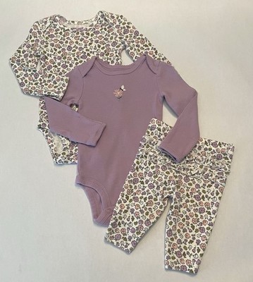 Carters Baby Girl 3 Months Pants Bodysuit Purple Floral 3 PC Set Cute