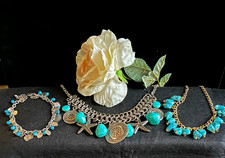 Boho Turquoise Jewelry Lot 2 Necklaces 1 Bracelet Starfish Nautical Gold Silver