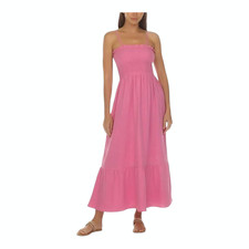 Raviya Womens Cotton Maxi Dress Cover-Up Pink Smocked Tiered Sundress S M L XL
