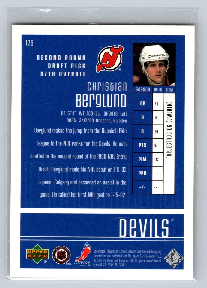 CHRISTIAN BERGLUND 2001-02 UPPER DECK PLAY MAKERS RC SP 670/1250 NJ DEVILS - Image 2 of 2