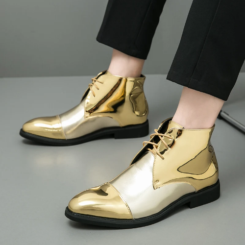 Luxury Gold Platform Men Chelsea Boots Ankle Pointed Toe Patent Leather-image