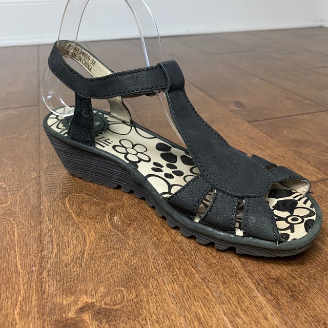 Fly London Black Leather Low Wedge Sandals 38 8/7.5 | eBay