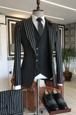 Men Black Striped Party Prom Slim Fit Formal Business Groom Tuxedo Wedding Suit