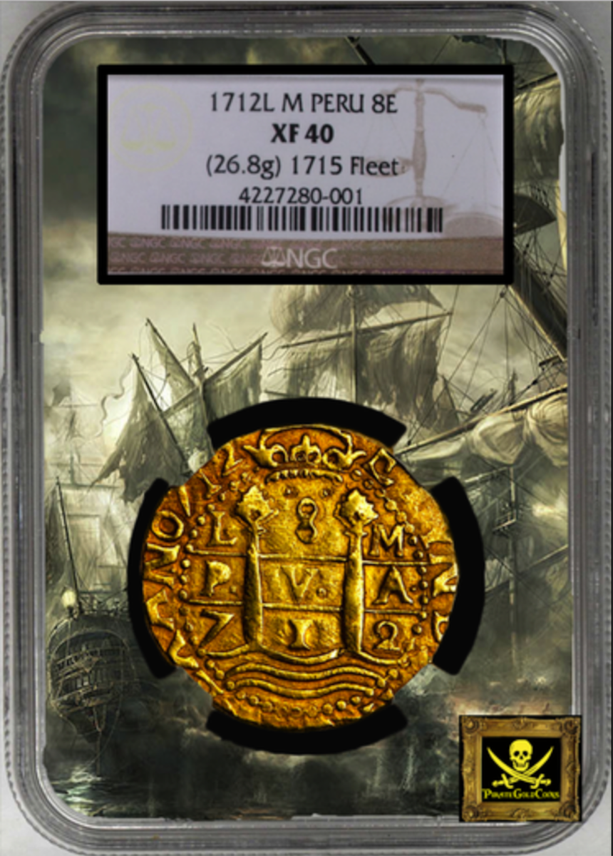 PERU 1712 8 ESCUDOS NGC 40 1715 FLEET PIRATE GOLD COINS SHIPWRECK