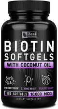 Zeal Naturals Biotin with Coconut Oil for Hair 10000mcg 180 Softgels Biotin S...