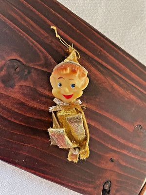 Vintage Knee Hugger Christmas Elf Pixie Ornament Gold Metallic MCM Whimsical