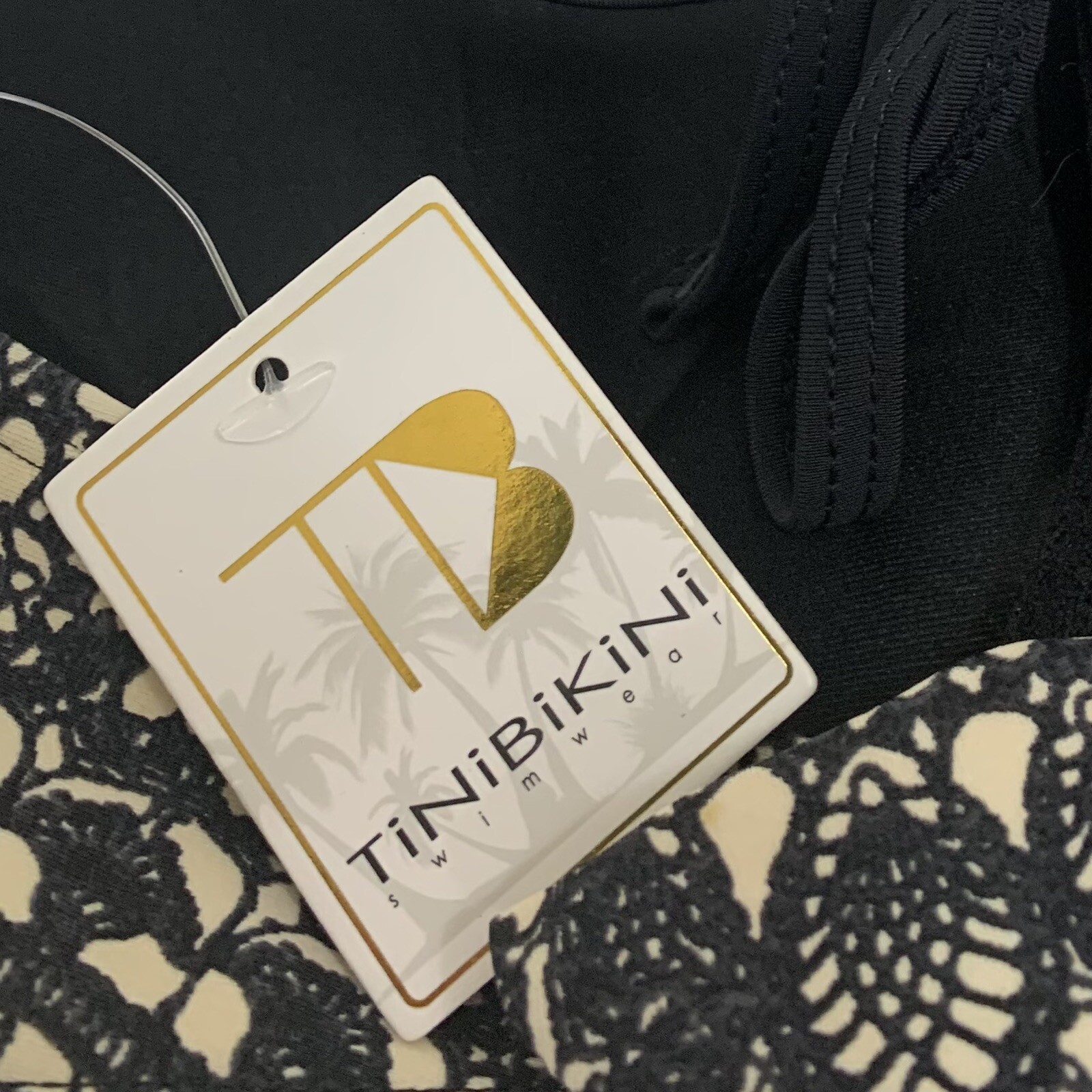 TiniBikini Halter Bikini Swim Top Womens Large Black Tan Boho Motif Abstract