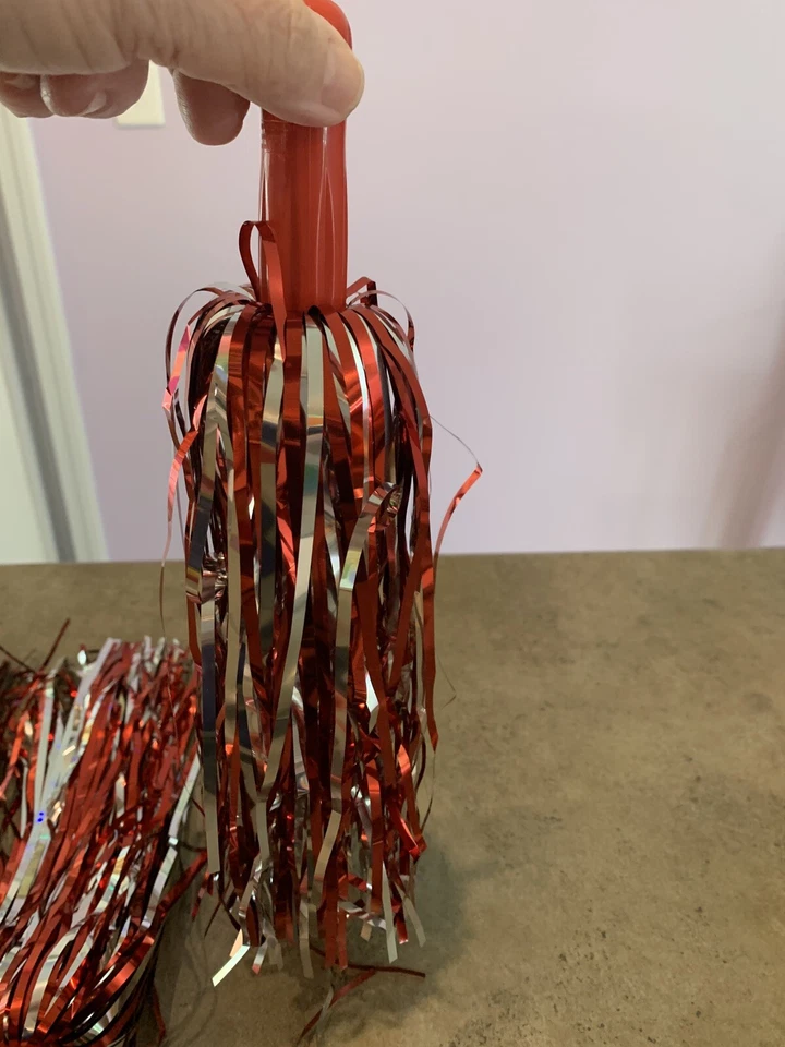 Cheerleader Pom-Poms (Pair) Kids Toy Costume Red & Silver And Black Bow - Image 3 of 4