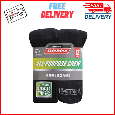 12-Pack Dickies Men's Value Work Crew Sock, Black, Size 6-12, Free Shipping