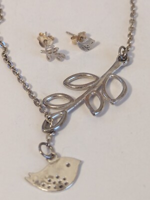 24'' Silver Tone Bird & Tree Branch Dangle Pend Necklace w Match SS 925 Earrings 