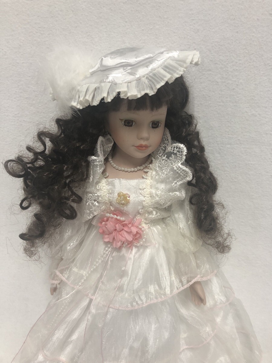 Doll Porcelain Long Brunette Curls Brown Eyes White Ruffled Dress Hat Bride VTG | eBay Doll Porcelain Long Brunette Curls Brown Eyes White Ruffled Dress Hat Bride VTG | eBay