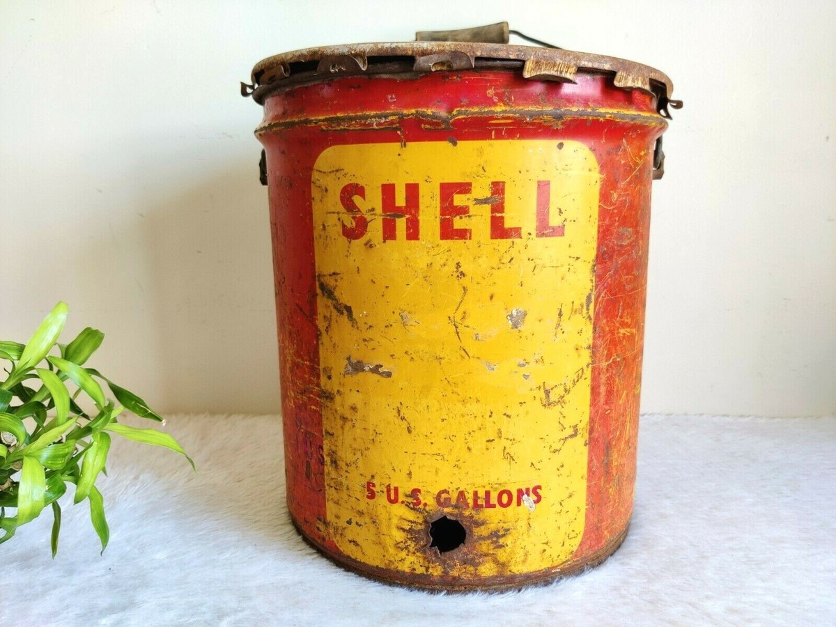 Vintage Shell Motor Oil Tin Can Bucket 5 Gallon Automobile