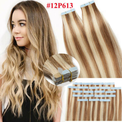 Seamless Tape In Hair Extensions Skin Wefts 100%Real Human Hair Balayage Blonde