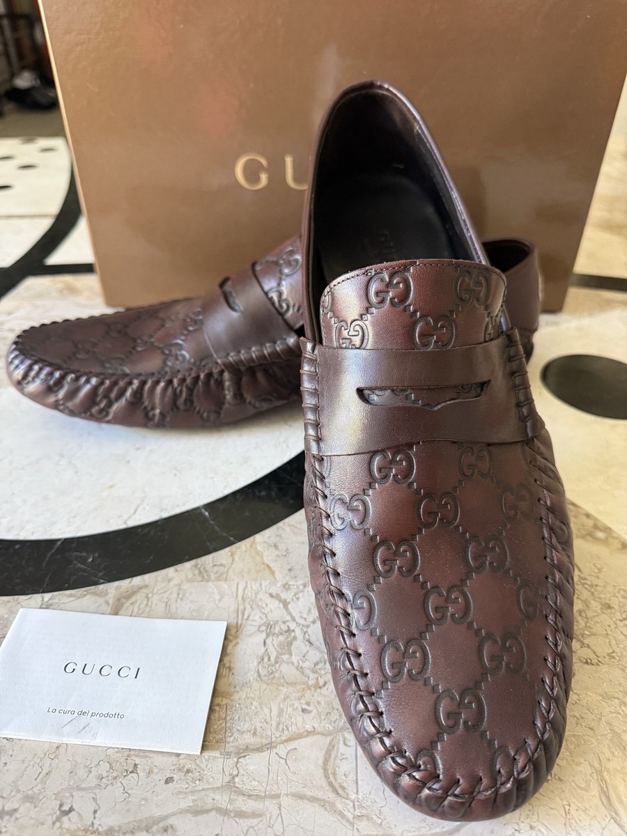 Used Gucci Brown Leather GG Monogram Loafers Driving Shoes  display picture 1